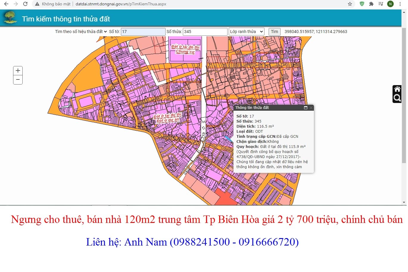 Bán nhà chính chủ trung tâm Tp Biên Hoà, P Quang Vinh giá 23 triệu/m2