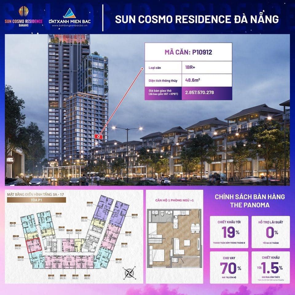 Duy nhất 01 căn 1 ngủ + dự án Sun Cosmo Residence Da Nang giá đầu tư !