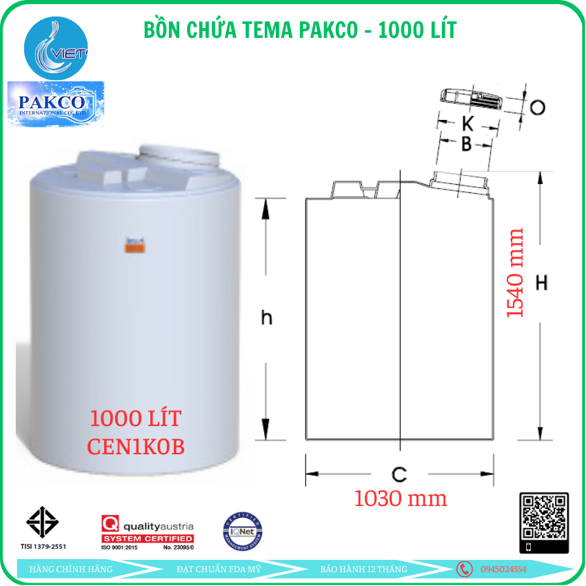Bồn nhựa PE (LLDPE/HDPE) dung tích 1000L (TEMA, PAKCO, Thailand)