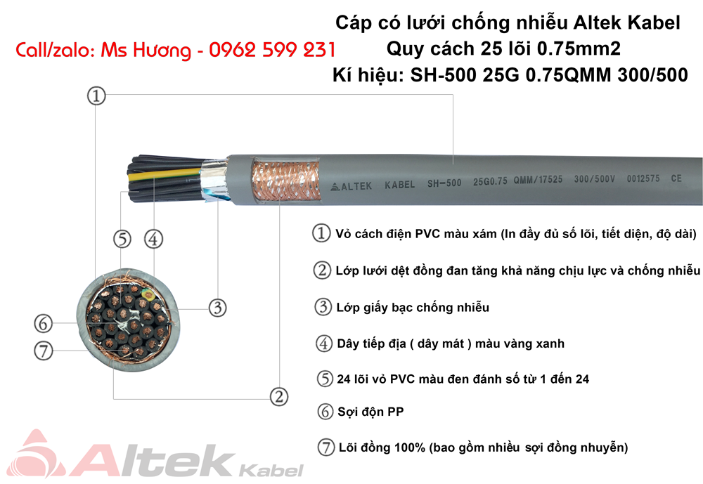 Cáp điêu khiển Altek kabel 25 lõi, 0.5 -1.5 mm2