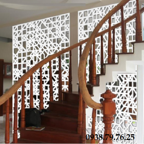 Thiết kế cầu thang giật cấp với vách ngăn cnc cầu thang và phòng khách