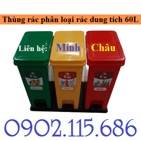 Thùng rác nhựa 3 ngăn, thùng rác 3 ngăn phân loại rác, thùng rác nhựa đạp chân 3 ngăn, thùng rác văn
