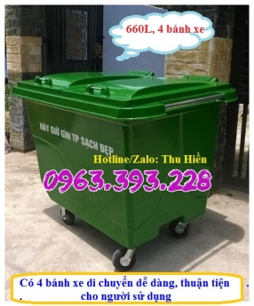 Xe gom rác nhựa 660 lít, thùng rác công cộng 4 bánh xe, xe chứa rác có nắp