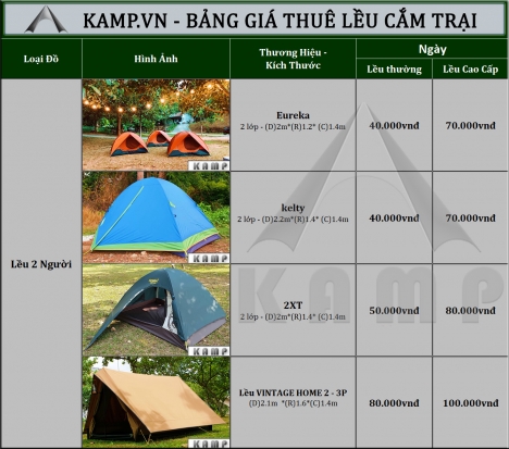 Báo giá dịch vụ thuê lều cắm trại và phụ kiện chi tiết nhất do KAMP cung cấp