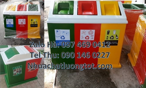 Thùng rác nhựa duy tân, thùng rác 3 ngăn composite, Thùng rác 3 ngăn dùng trong trường  học, thùng r