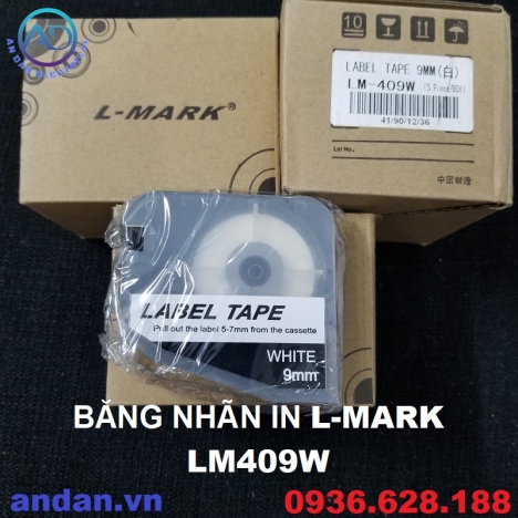 Băng nhãn in LM409W L-MARK dùng cho máy LK-320 màu Trắng 9mmx8m