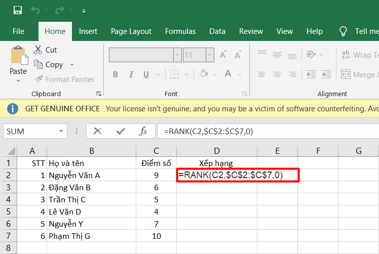 Xếp hạng trong Excel