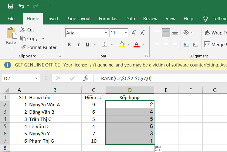 Xếp hạng trong Excel