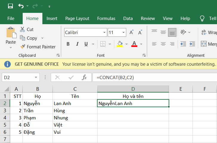 Nối nhiều ô trong Excel với hàm CONCATENATE