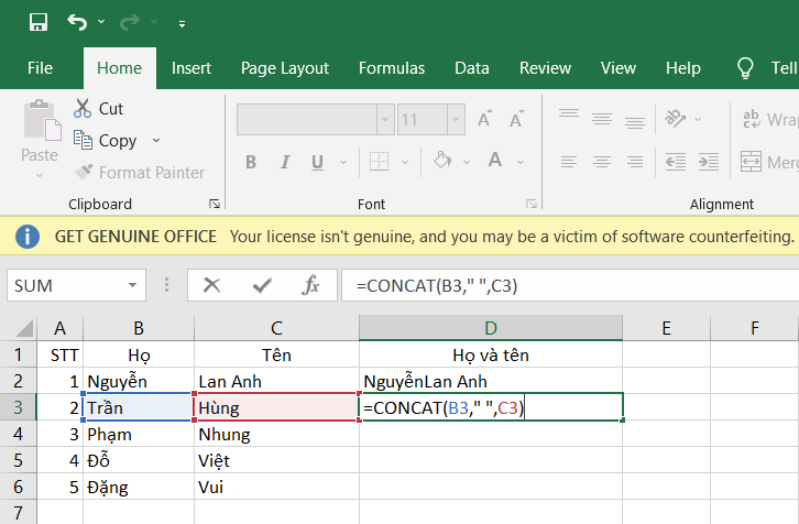 Nối nhiều ô trong Excel với hàm CONCATENATE