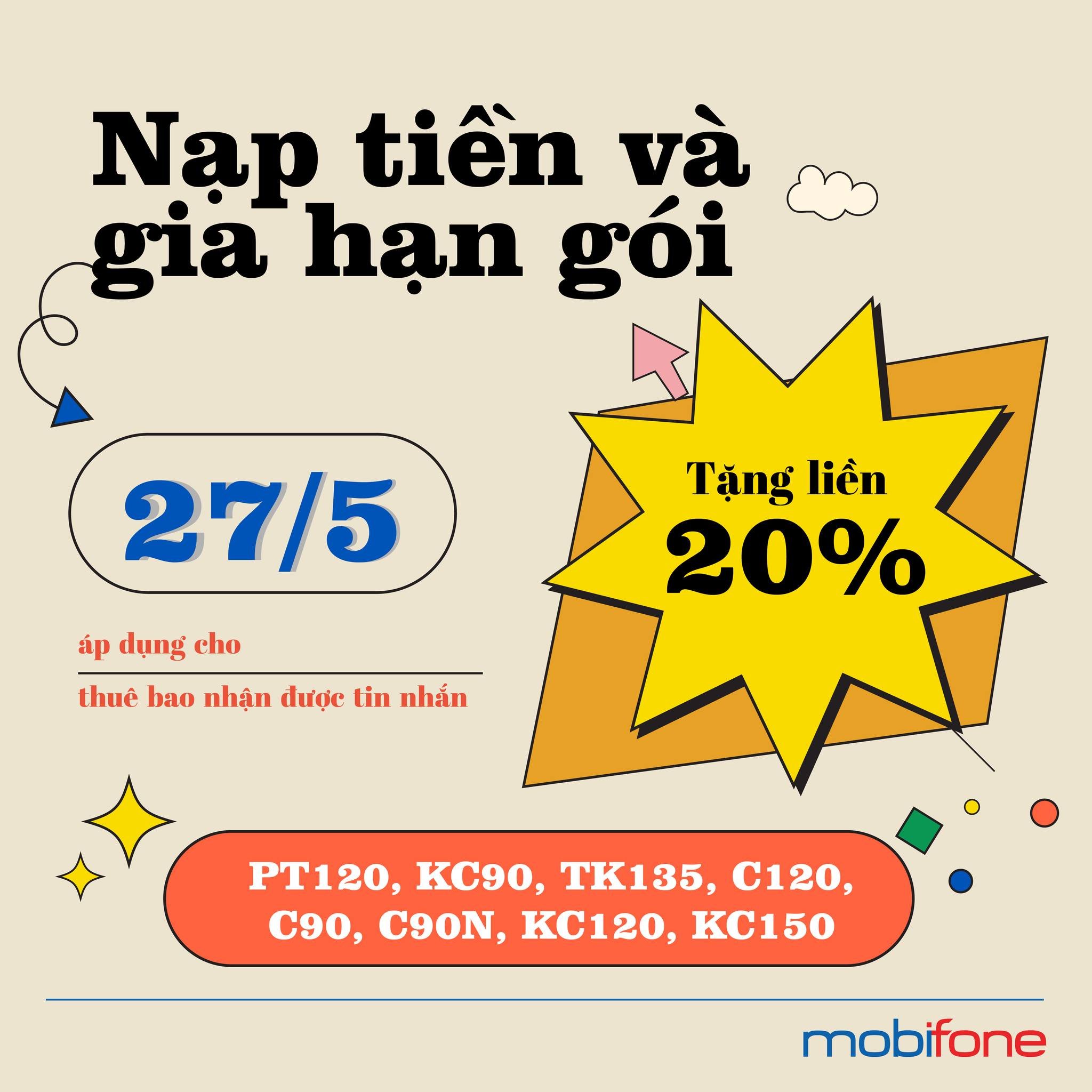 MobiFone khuyến mãi 20% nạp tiền trả trước trong ngày 27.05