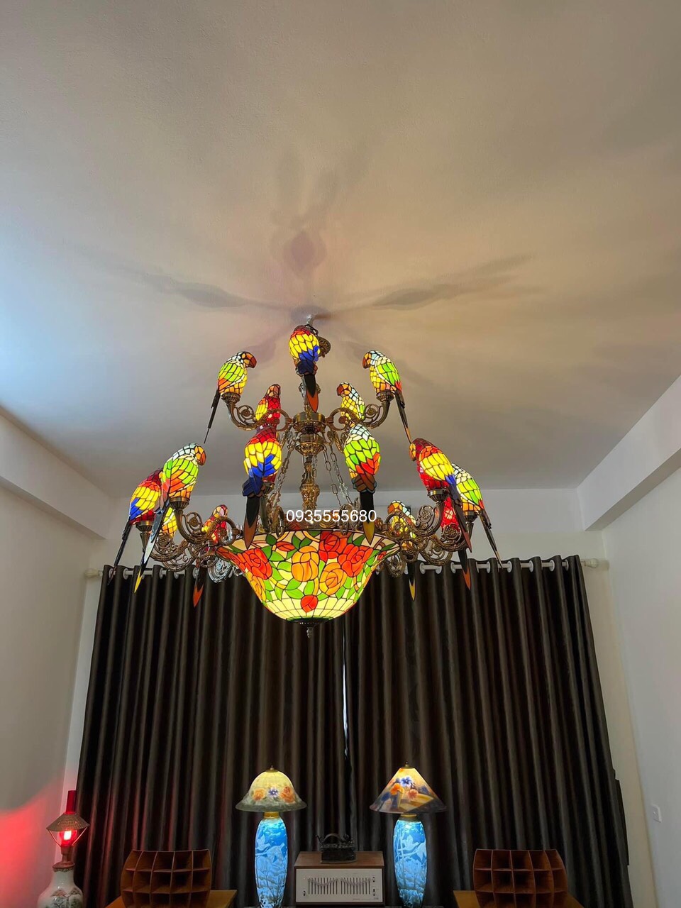 Giao lưu bộ đèn chùm tiffany chim vẹt 2 tầng