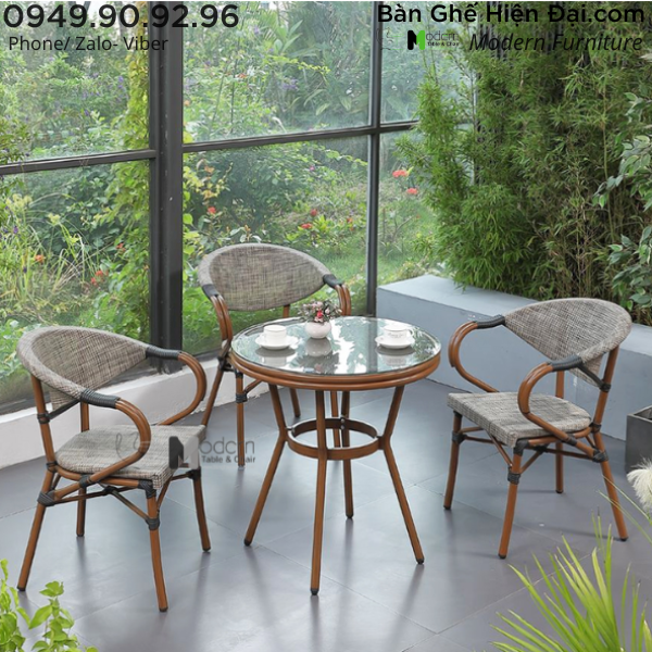 Bộ bàn uống trà sân vườn mặt kính 3 ghế tựa lưới chân nhôm ngoài trời