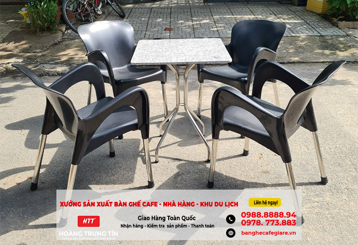 Bộ bàn ghế nhựa đúc chân inox giá rẻ cho quán cafe tại Vĩnh Long