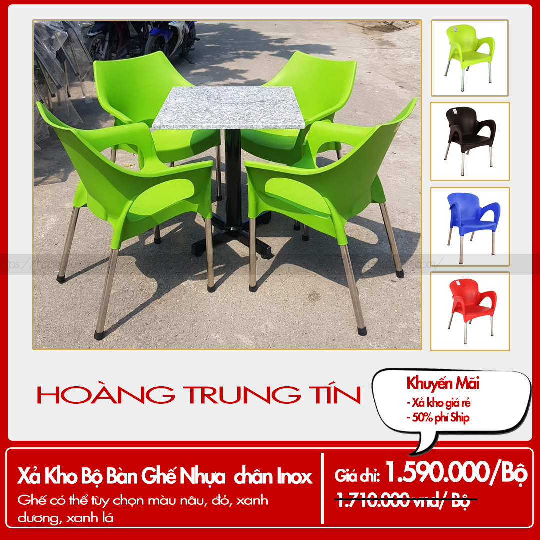 Bộ bàn ghế nhựa đúc chân inox giá rẻ cho quán cafe tại Vĩnh Long