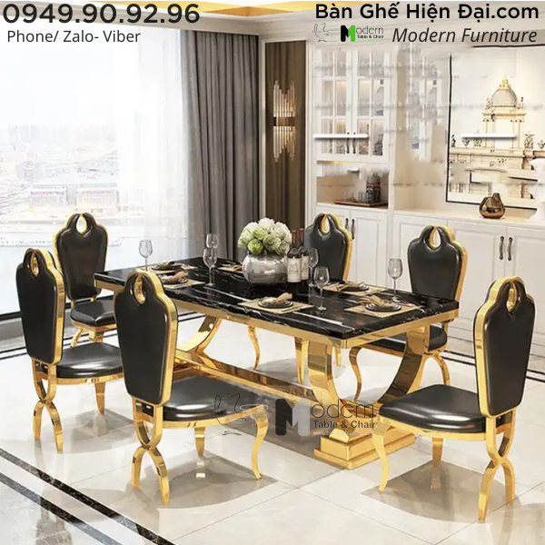 Bộ bàn ăn nhà hàng sang trọng mặt đá 6 ghế HCM TN Luxury 1B-160E