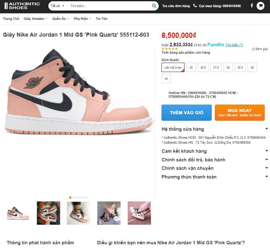 Giày Jordan 1 Mid Pink Quartz size 38 sẵn Hà Nội new 100%